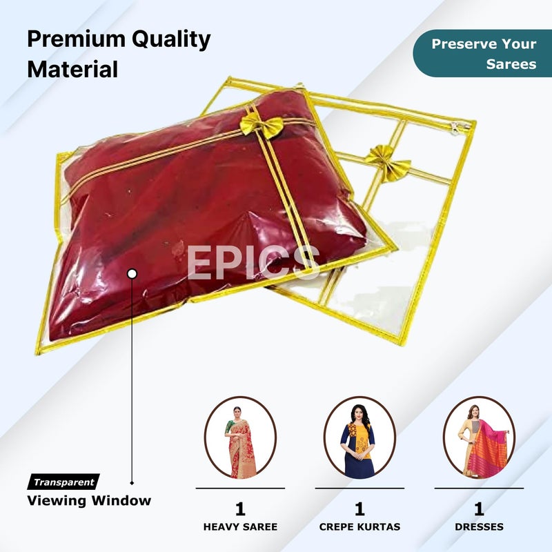 Epics present (Pack of 12) Gold Bow With Golden Border & Full Transparent PVC Non-Woven Single Saree Cover, Lahenga Gown Cover, Clothes Storage Bag/Best for Gifting - Image 5