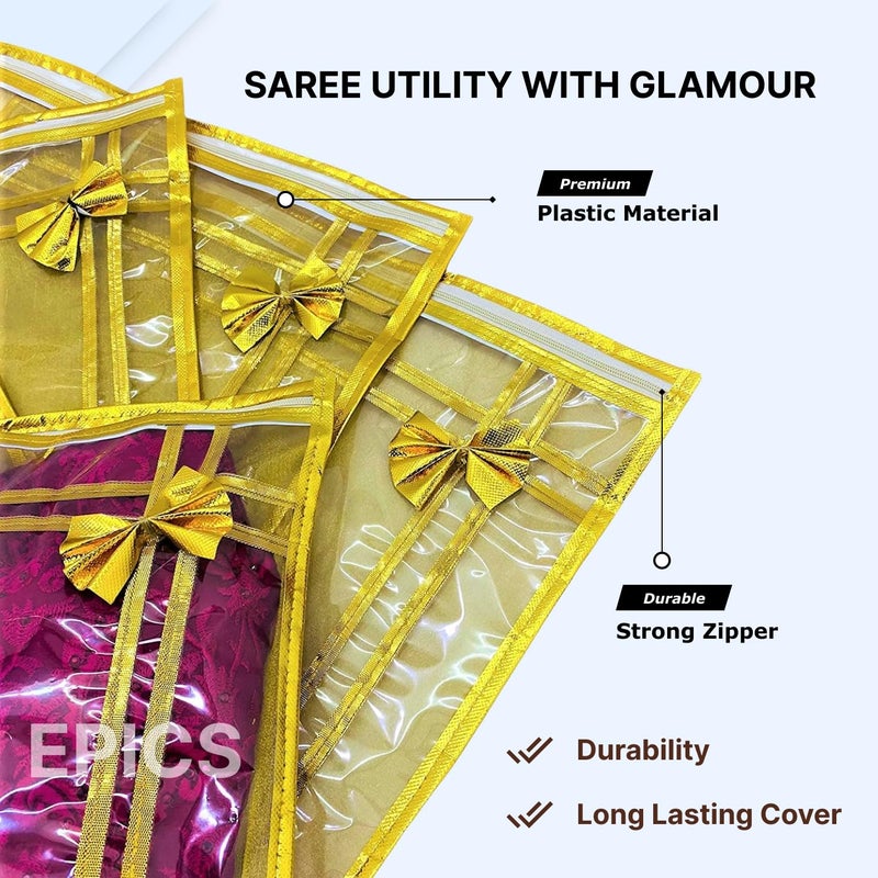 Epics present (Pack of 12) Gold Bow With Golden Border & Full Transparent PVC Non-Woven Single Saree Cover, Lahenga Gown Cover, Clothes Storage Bag/Best for Gifting - Image 2