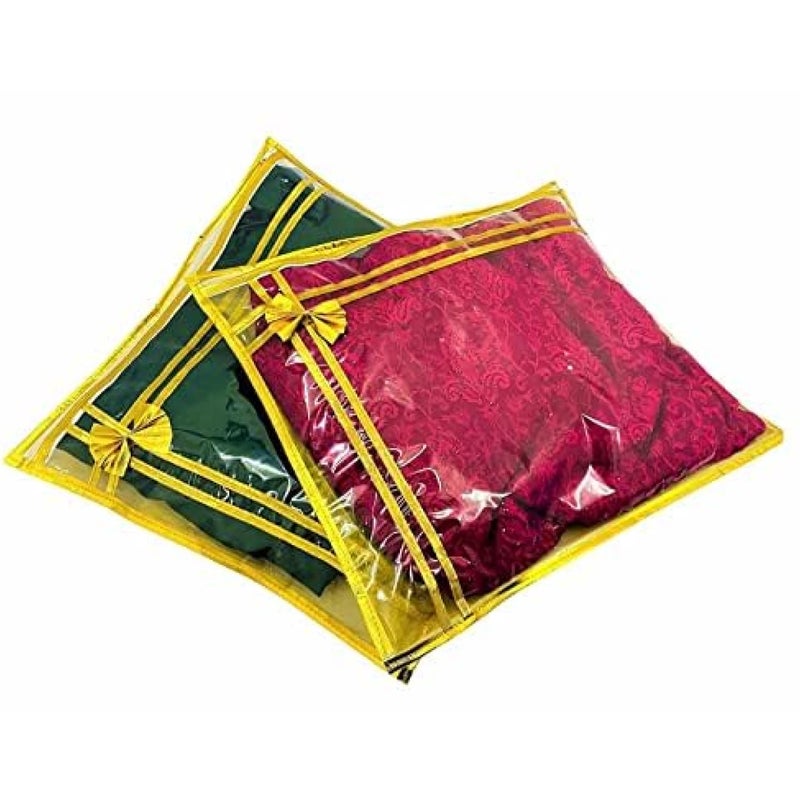 Epics present (Pack of 12) Gold Bow With Golden Border & Full Transparent PVC Non-Woven Single Saree Cover, Lahenga Gown Cover, Clothes Storage Bag/Best for Gifting - Image 1