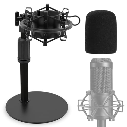 Frgyee Upgraded AT2020 Desktop Mic Stand Adjustable Mic Stand Desk with Shock Mount and Foam Windscreen for Audio Technica AT2020 AT2020USB AT2035 ATR2500 Condenser Mic - Image 1