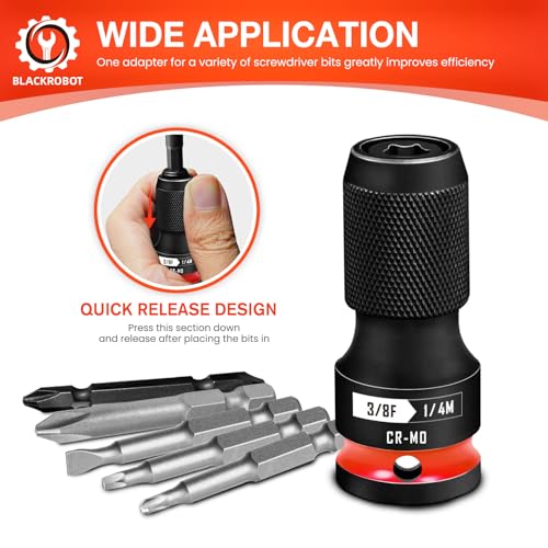 BLACKROBOT Quick Release Impact Bit Holders 3/8-Inch Square Drive to 1/4-Inch Hex Socket Adapter, CR-MO Steel, Red - Image 3