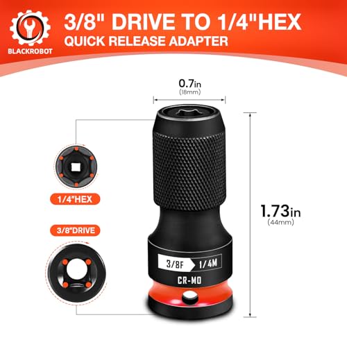 BLACKROBOT Quick Release Impact Bit Holders 3/8-Inch Square Drive to 1/4-Inch Hex Socket Adapter, CR-MO Steel, Red - Image 2