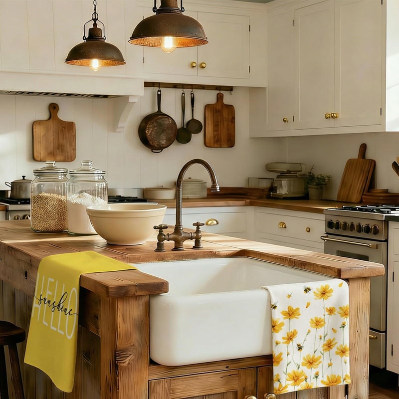 GEEORY Kitchen Towels for Spring Summer Decor Yellow Daisy Dish Towels 18 x 26 Inch Ultra Absorbent Bar Drying Cloth Hello Sunshine Hand Towel for Kitchen Bathroom Party Home Decorations Set of 2 - Image 2