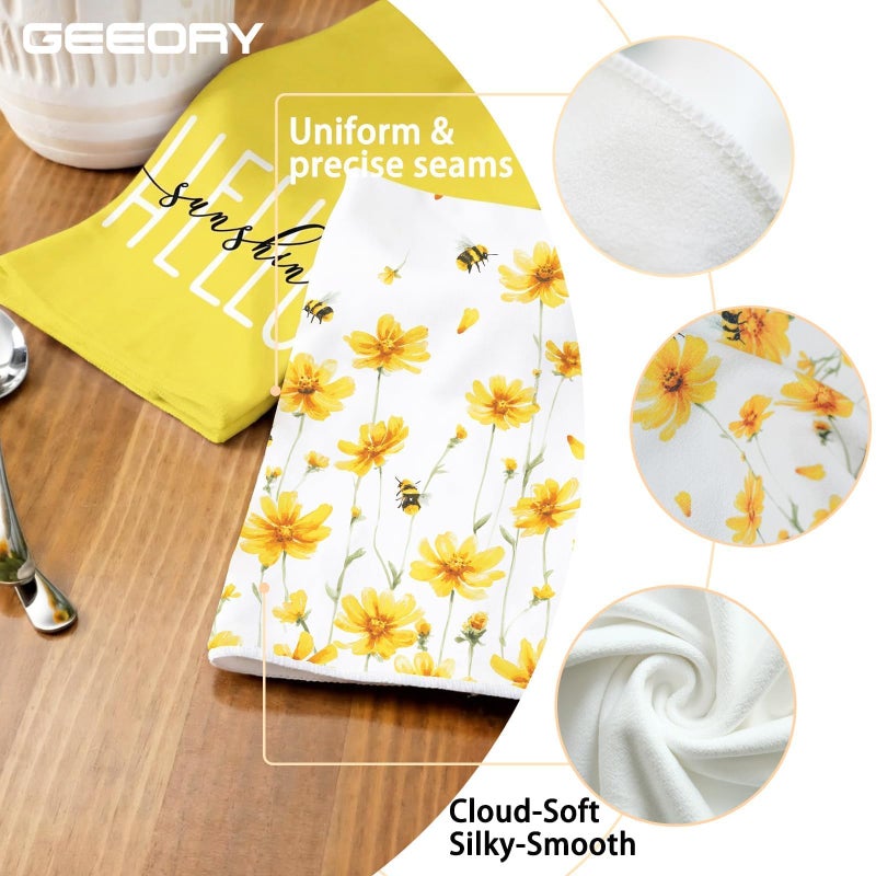 GEEORY Kitchen Towels for Spring Summer Decor Yellow Daisy Dish Towels 18 x 26 Inch Ultra Absorbent Bar Drying Cloth Hello Sunshine Hand Towel for Kitchen Bathroom Party Home Decorations Set of 2 - Image 3