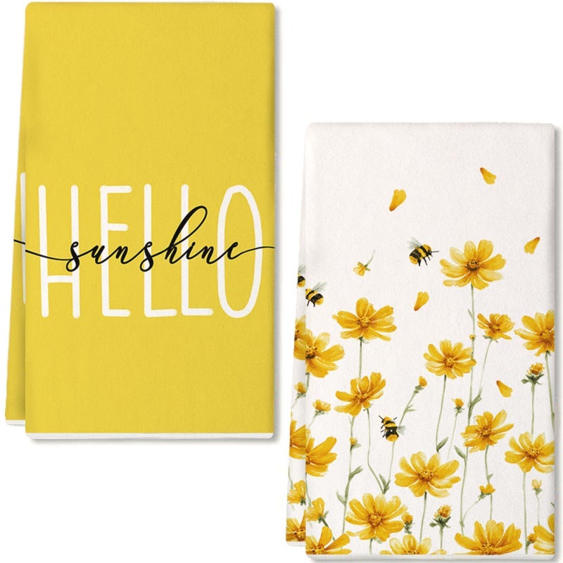 GEEORY Kitchen Towels for Spring Summer Decor Yellow Daisy Dish Towels 18 x 26 Inch Ultra Absorbent Bar Drying Cloth Hello Sunshine Hand Towel for Kitchen Bathroom Party Home Decorations Set of 2 - Image 1