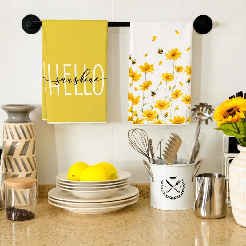 GEEORY Kitchen Towels for Spring Summer Decor Yellow Daisy Dish Towels 18 x 26 Inch Ultra Absorbent Bar Drying Cloth Hello Sunshine Hand Towel for Kitchen Bathroom Party Home Decorations Set of 2 - Image 5