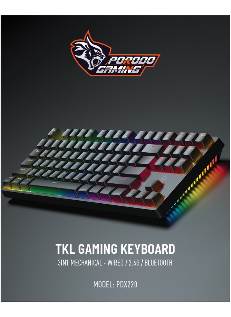 porodo - 3in1 Wireless Mechanical Keyboard TKL Gateron Switch / USB Wire / 2.4G / Bluetooth Connection / Anti- Ghosting Keys /RGB 20 Modes Lights / Wireless Gaming Keyboard - Black - Image 1