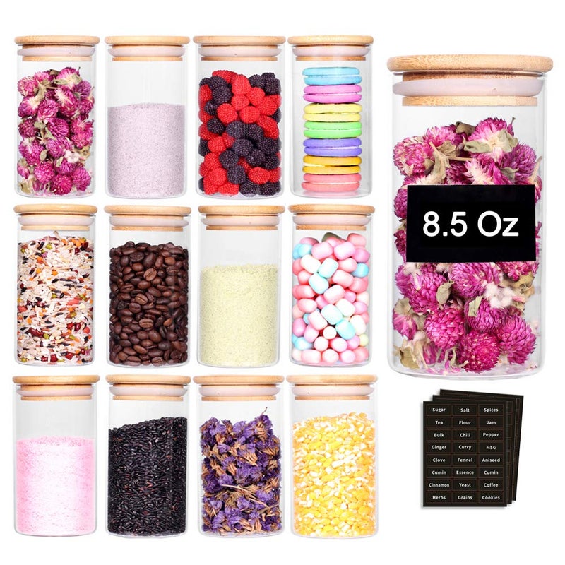 Tzerotone 12 Pcs Glass Spice Jars  85oz Empty Small Glass Bottles with Bamboo Airtight Lids and Labels  Thicken Seasoning Spice Containers for Kitchen Organization and Storage