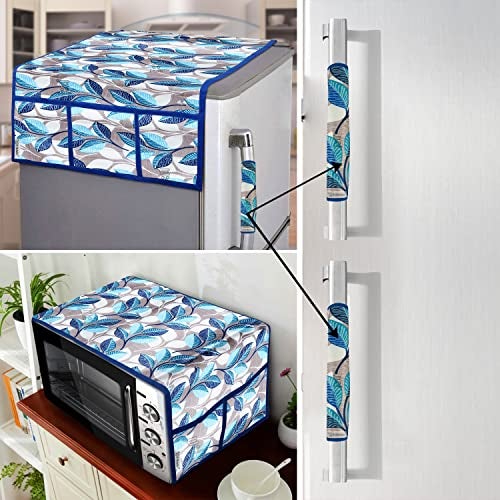 E-Retailer® Exclusive 3-Layered Polyester Combo Set of Appliances Cover (1 Pc. of Fridge Top Cover, 2 Pc Handle Cover and 1 Pc. of Microwave Oven Top Cover) (Color-Blue Leaf, Set Contains-4 Pcs.) - Image 1