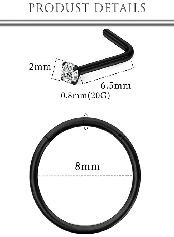 Hoeudjo 20G Surgical Steel Hinged Nose Hoops for Women Nose Studs 2MM Clear Crystal Nostril Ring Body Piercing Jewelry for Women Men Black - Image 3