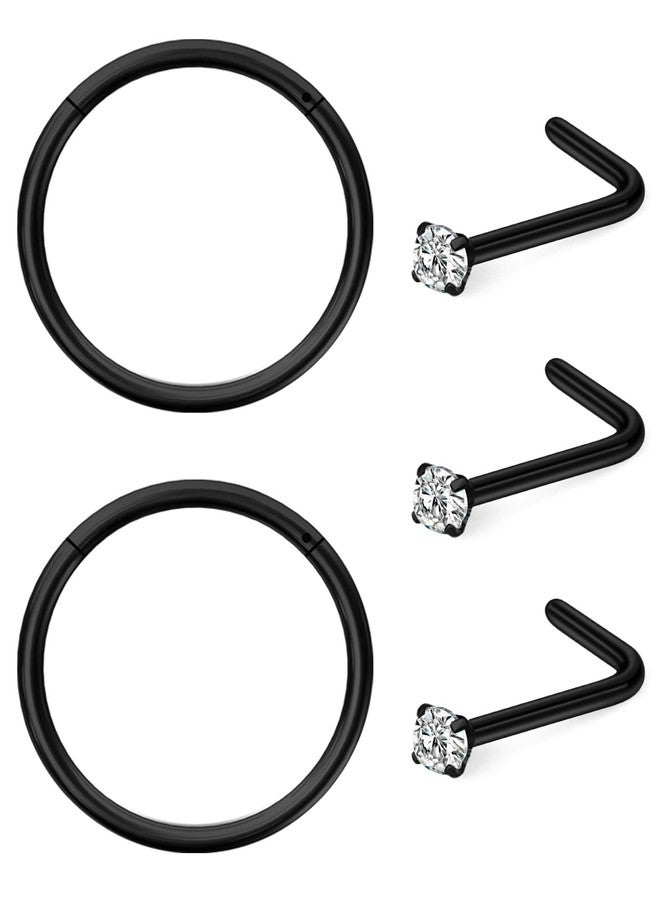 Hoeudjo 20G Surgical Steel Hinged Nose Hoops for Women Nose Studs 2MM Clear Crystal Nostril Ring Body Piercing Jewelry for Women Men Black - Image 2
