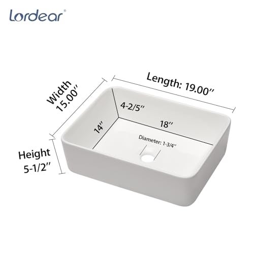 Lordear Vessel Sink With Faucet Combo 19"x15" Rectangular Bathroom Vessel Sink Faucet Combo Modern Rectangle Above Counter White Porcelain Ceramic Vessel Vanity Sink - Image 5