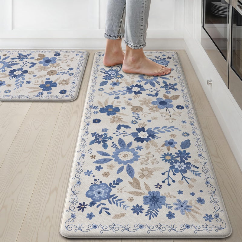 GENIMO Kitchen Mats for Floor 2PCS, Cushioned Kitchen Rugs Non Slip Washable, Farmhouse Anti Fatigue Mat Waterproof, Comfort Standing Mat Rug for Office, Home, Laundry, 17.3"x47"+17.3"x30", Beige&Blue - Image 1