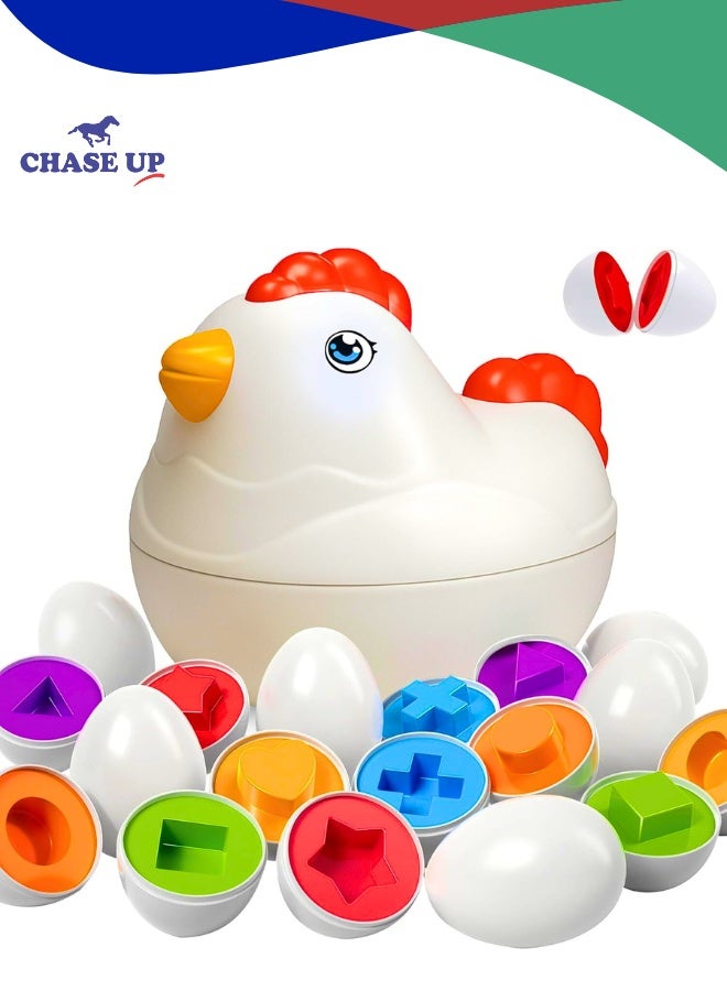 Chase Up Matching Eggs Montessori Toy for Toddlers 1-5 Ages – 12 Pcs Shape & Color Puzzle in Chicken Case – Educational Baby Toys for Girls & Boys – Learning Toys and Games for Kids Ages 1 2 3 4 5 - Image 1