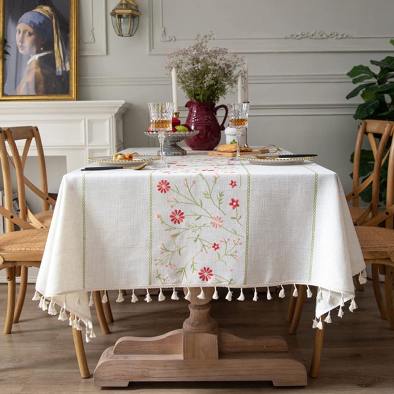 AMZALI Table Cloth Embroidery Floral Pattern Wrinkle Free Heavy Weight Cotton Linen Farmhouse Tablecloth Decorative Fabric Tassel Table Cover for Outdoor and Indoor Use Rectangle55 x 87 Inch