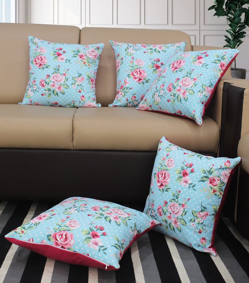 AIRWILL Cotton Small Pink Rose Themed Cushion Covers for Cushions & Pillows (Pink & Green, Pack of 5) - Image 1