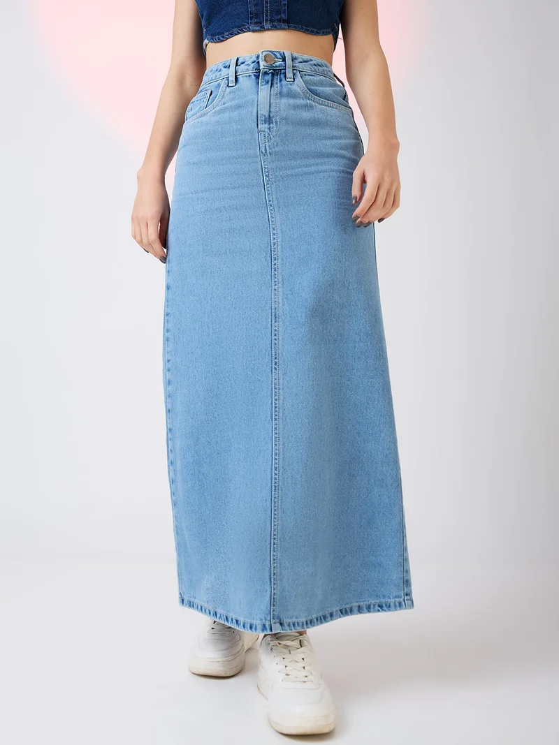 globus Globus Women Stretchable Mid Rise Back Slit Maxi Denim Pencil Skirt