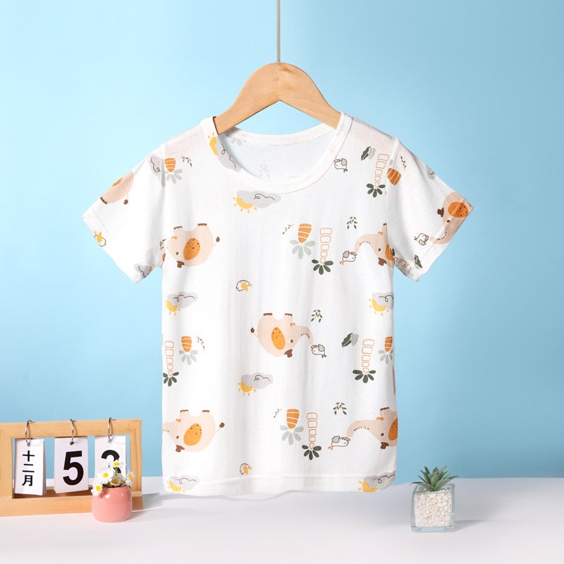 Summer Children'S Short-Sleeved T-Shirt Bamboo Cotton Cotton Half-Sleeved Girls' T-Shirt Boys Short-Sleeved Children'S Clothing Base Top Home Clothes - Image 1