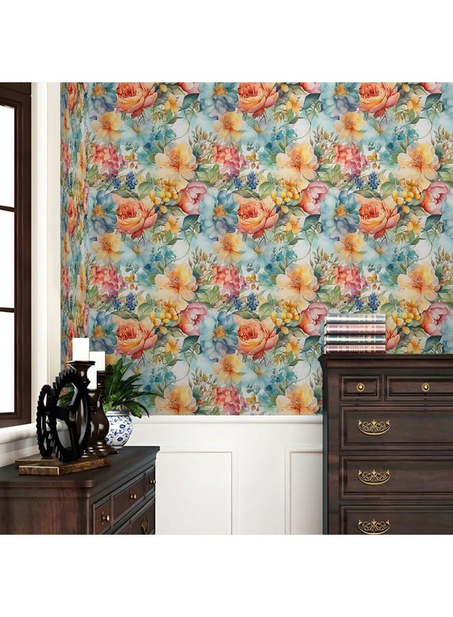 REDAMANCY Vintage Blue Orange Yellow Florals Garden Peel and Stick Wallpaper Stick on Contact Paper Vintage Wall Paper Easy Peel Off for nightstand Drawer Cabinet Renter - Image 2