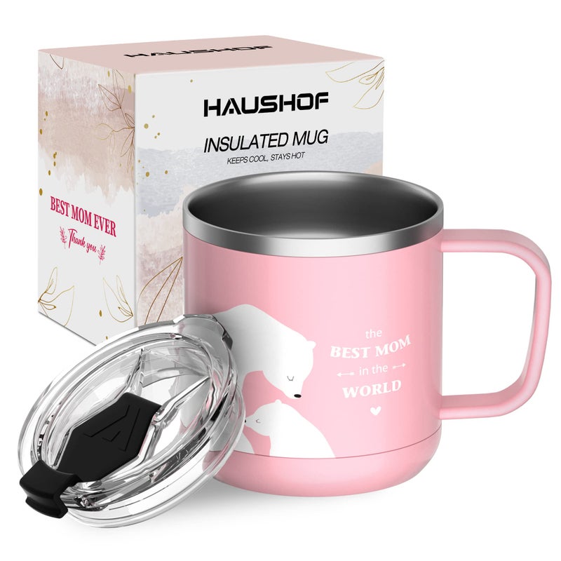 HAUSHOF Mom Mug 14 oz Insulated Coffee Mug with Handle  Best Mom Gift for Mothers Day Pink