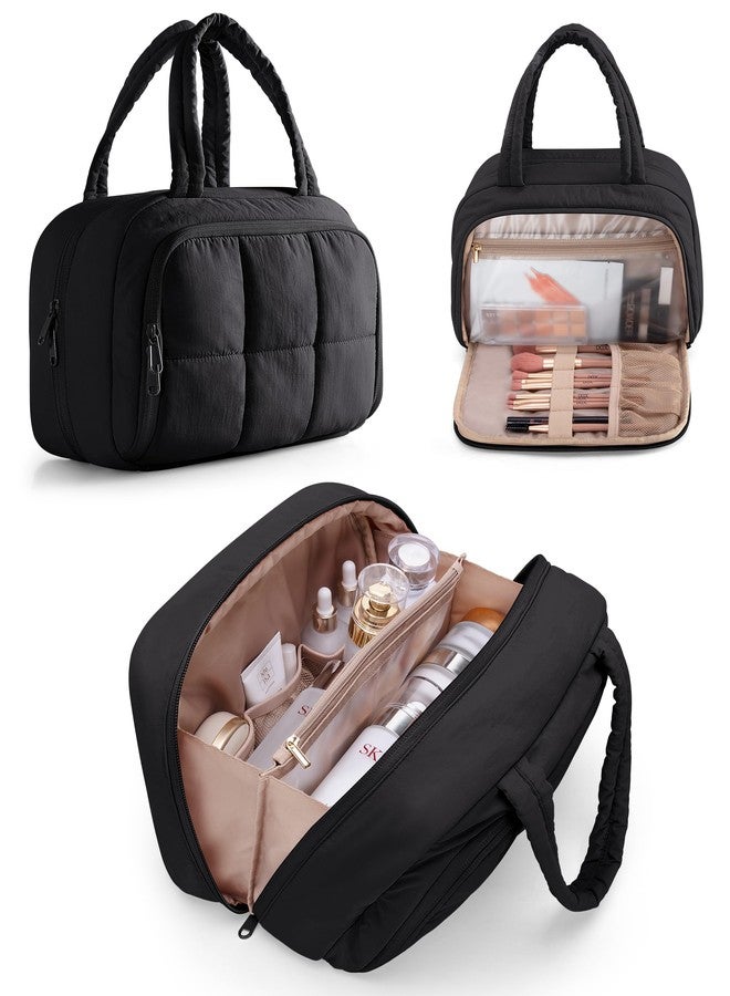 Marscamd Travel Toiletry Bag for Women with Hanging Hook, Water Resistant Puffy Makeup Organizer with Leak Proof Pockets for Toiletries and Cosmetics - Black - Image 1