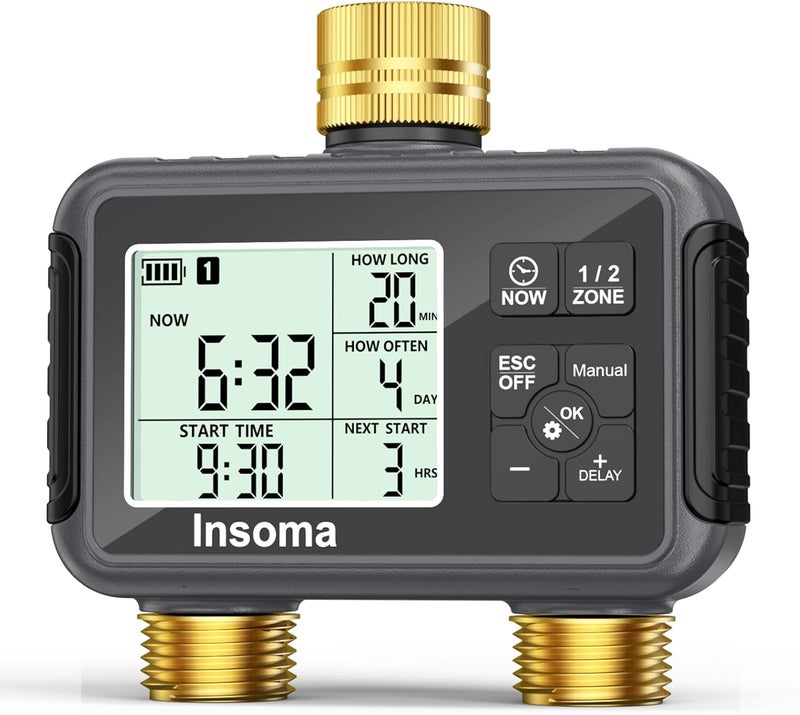 Insoma مؤقت توقيت تدفق المياه من إنسوما ( Water Timer) مزود بمدخل ومخرج من البرونز، مؤقت توقيت للخرطوم الخارجي يحتوي على منطقتين مستقلتين، مناسب لصنبور الحديقة، يدعم أوضاع التشغيل الأوتوماتيكي/اليدوي وتأخير تدفق المياه أثناء هطول الأمطار، بالإضافة إلى جهاز تحكم في ري الحدائق بالرش. - Image 1