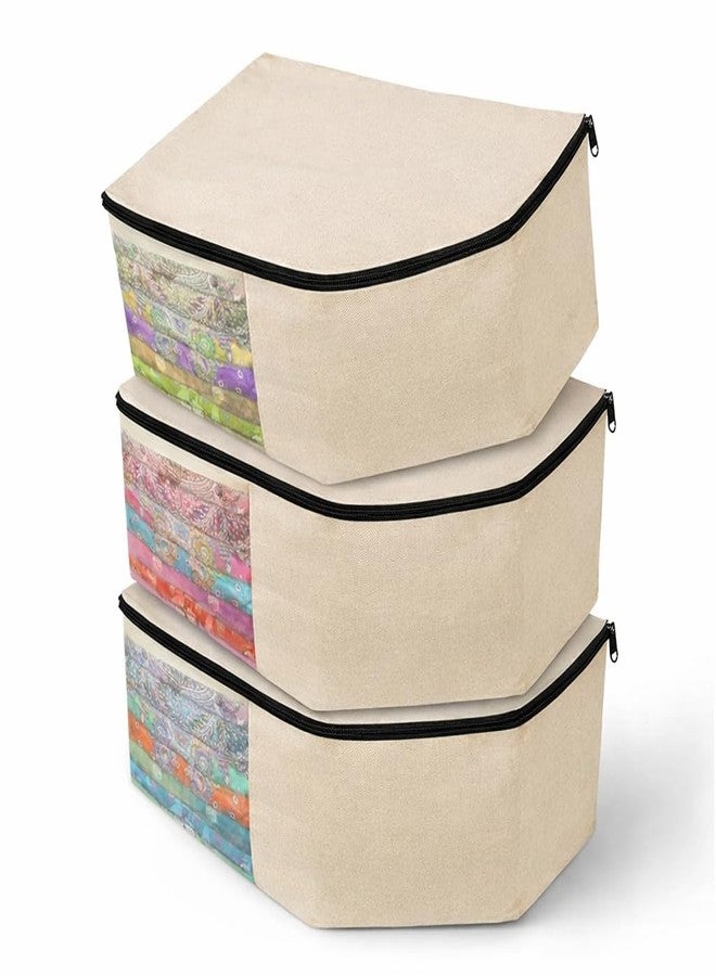 Kottify Cotton Canvas Blouse Cover Bags With Black Zipper|Wardrobe Organizer For Clothes|Washable Small Clothes Storage Bag|Durable Zipper & Transparent Window 38x25x17 cm |Pack of 3 - Image 1