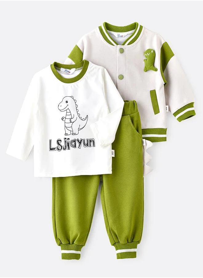 babyqlo Dino Bomber Jacket T-shirt and Pant 3 piece Set for Boys