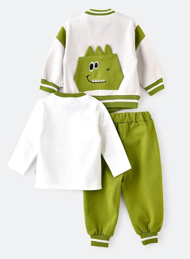 babyqlo Dino Bomber Jacket T-shirt and Pant 3 piece Set for Boys
