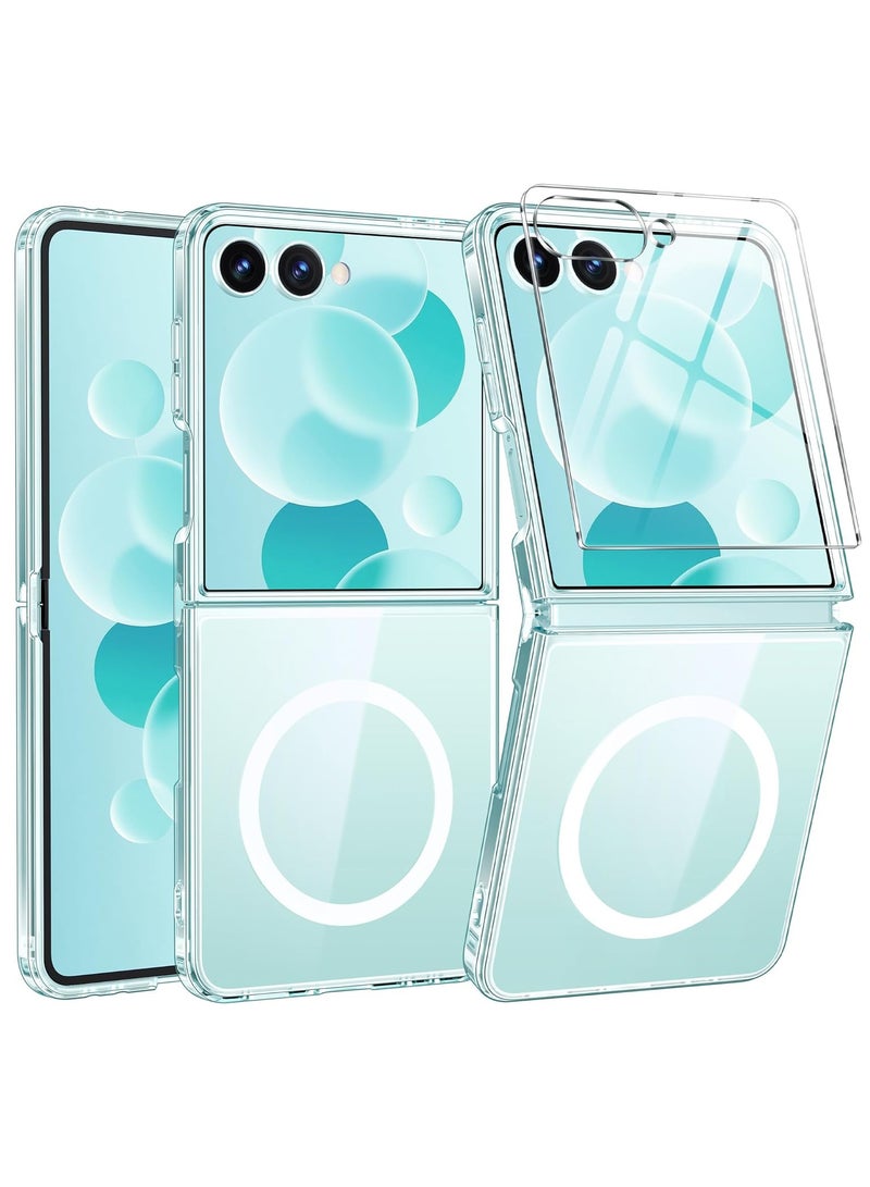 Magnetic for Samsung Galaxy Z Flip 7 Case, Come with HD Tempered Glass Screen Protector, Anti Yellowing, Hard PC Back Soft Edge Cover, Transparent - Image 1