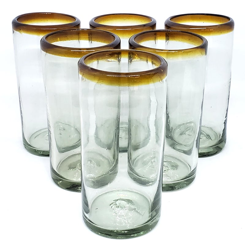 MexHandcraft Amber Rim 20 oz Tall Iced Tea Glasses (set of 6) Mexican Handmade Glassware, Recycled Glass, Lead-free, Toxin-Free (Tall Iced Tea) - Image 1