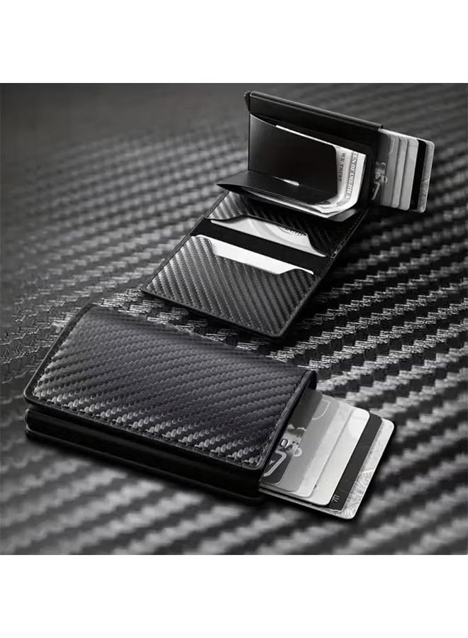 محفظة رجالية بتصميم بسيط مزودة بحامل بطاقات منبثق بتقنية حجب الترددات اللاسلكية (RFID)، وحامل بطاقات ائتمان من الألومنيوم رفيع للجيب الأمامي مع غطاء من ألياف الكربون - Image 2