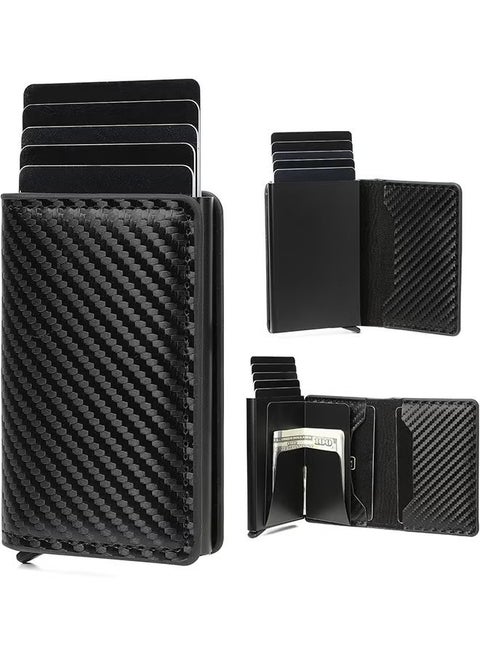 Men’s Minimalist Wallet RFID Blocking Pop Up Card Holder, Slim Front Pocket Aluminum Credit Card Holder with Carbon Fiber Cover