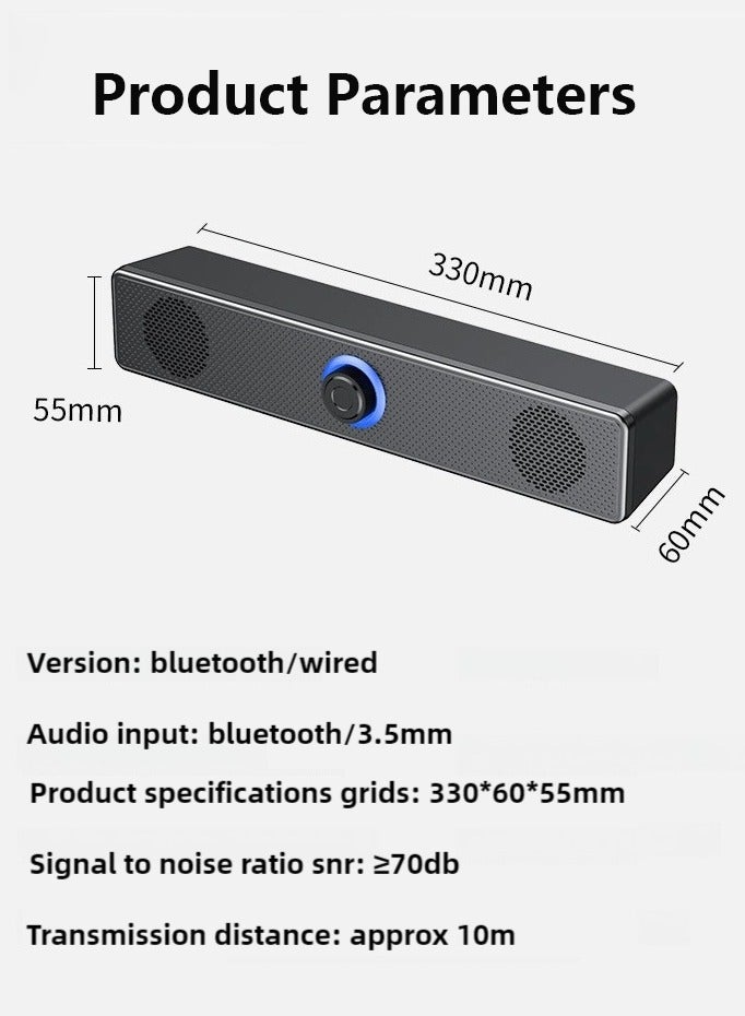 Computer Speaker Bluetooth Speaker, support both Bluetooth Connection and 3.5mm AUX Input, USB Powered Soundbar with Volume Knob