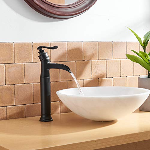 BWE Vessel Sink Faucet Waterfall Matte Black with Pop Up Drain Without Overflow and Supply Lines, Black Sink Faucet Bathroom One Handle Faucets Vanity Bath Mixer Tap - Image 3