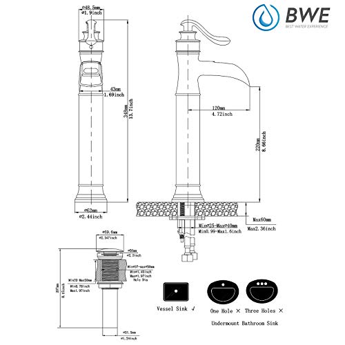 BWE Vessel Sink Faucet Waterfall Matte Black with Pop Up Drain Without Overflow and Supply Lines, Black Sink Faucet Bathroom One Handle Faucets Vanity Bath Mixer Tap - Image 2