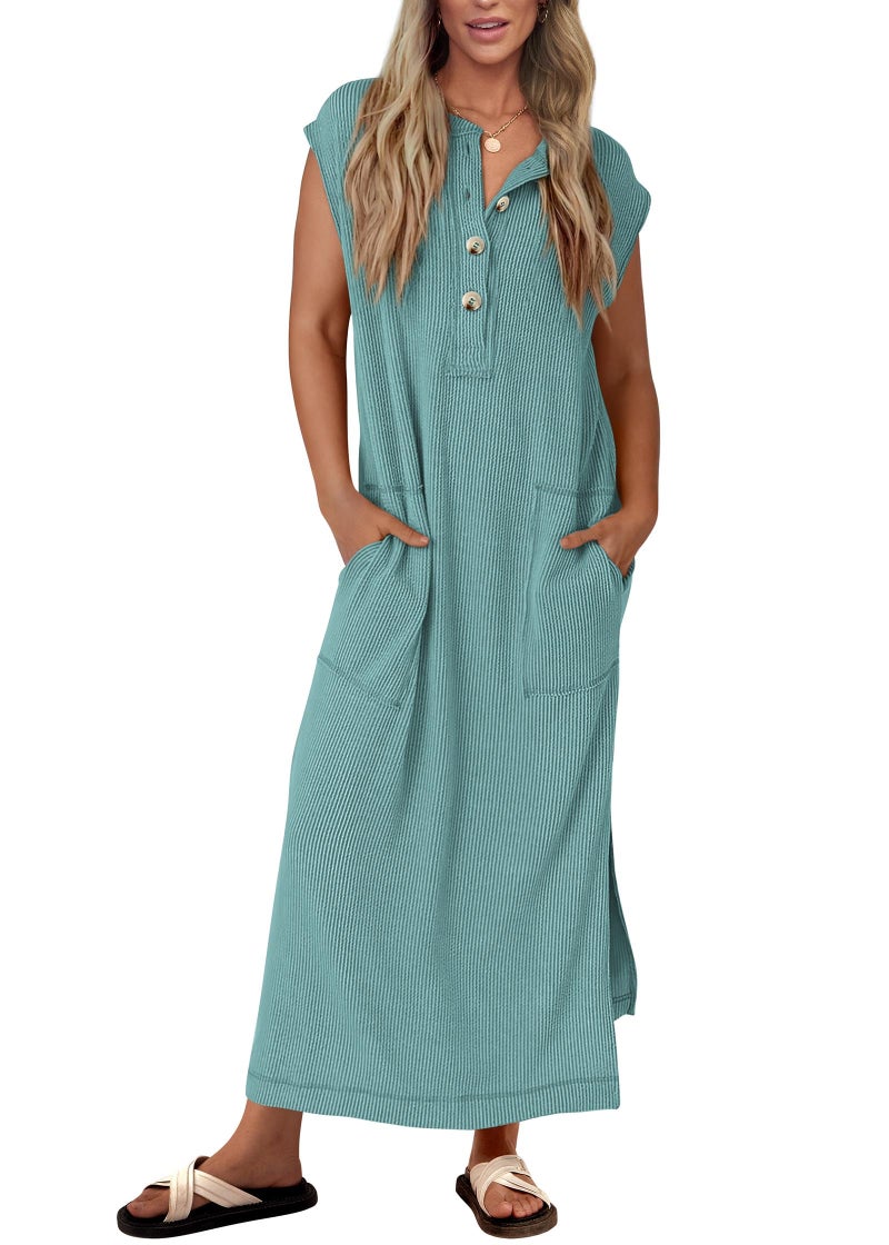 KIRUNDO Womens Summer Dresses 2026 Spring Ribbed Knit Henley Short Sleeve Maxi Dress Button Up Loose Beach Vacation Sundress(Bean Green, Small) - Image 1