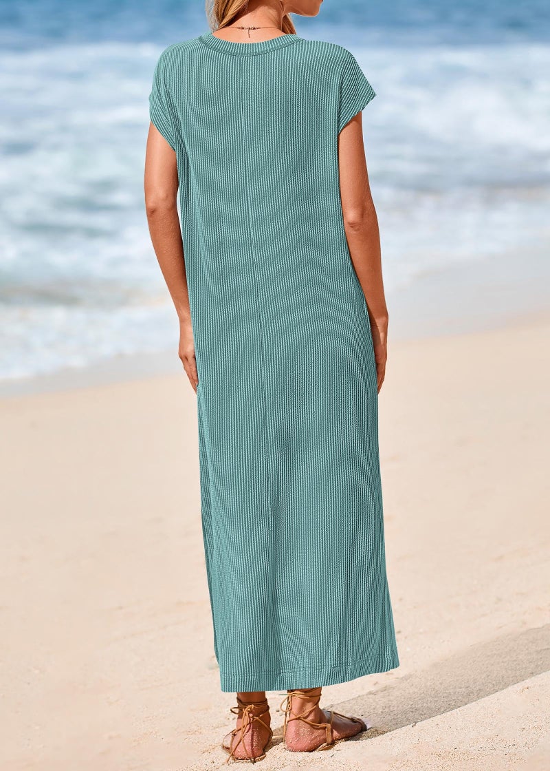 KIRUNDO Womens Summer Dresses 2026 Spring Ribbed Knit Henley Short Sleeve Maxi Dress Button Up Loose Beach Vacation Sundress(Bean Green, Small) - Image 2