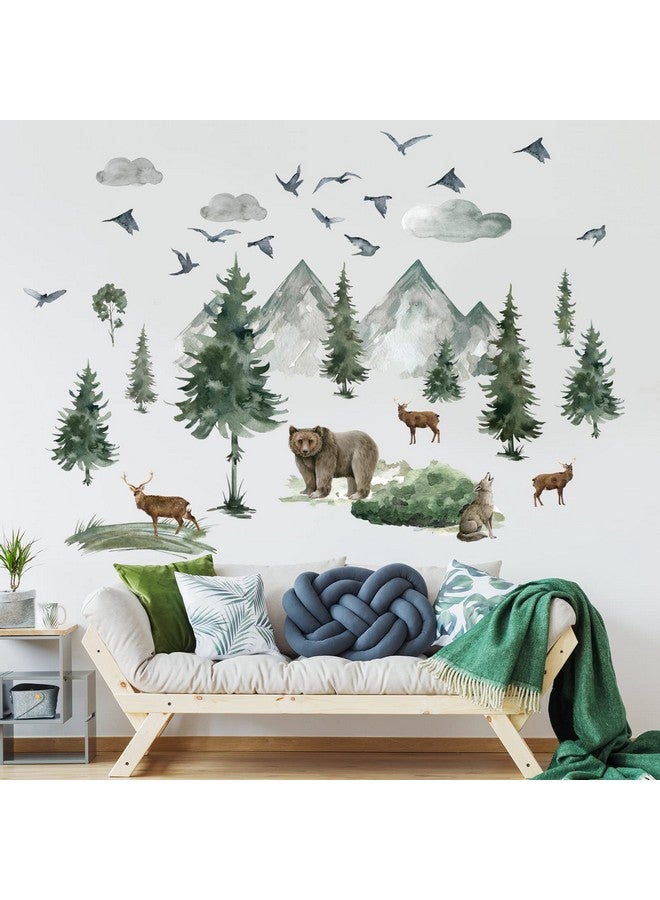 Prabahdak Woodland Nursery Wall Stickers Watercolor Mountain Tree Wall Decal Jungle Trees Animals Home Decals Sticker DIY Cartoon Deer Bear Wolf Forest Animal Home Sticker for Kids Room Bedroom Nursery Decor - Image 3
