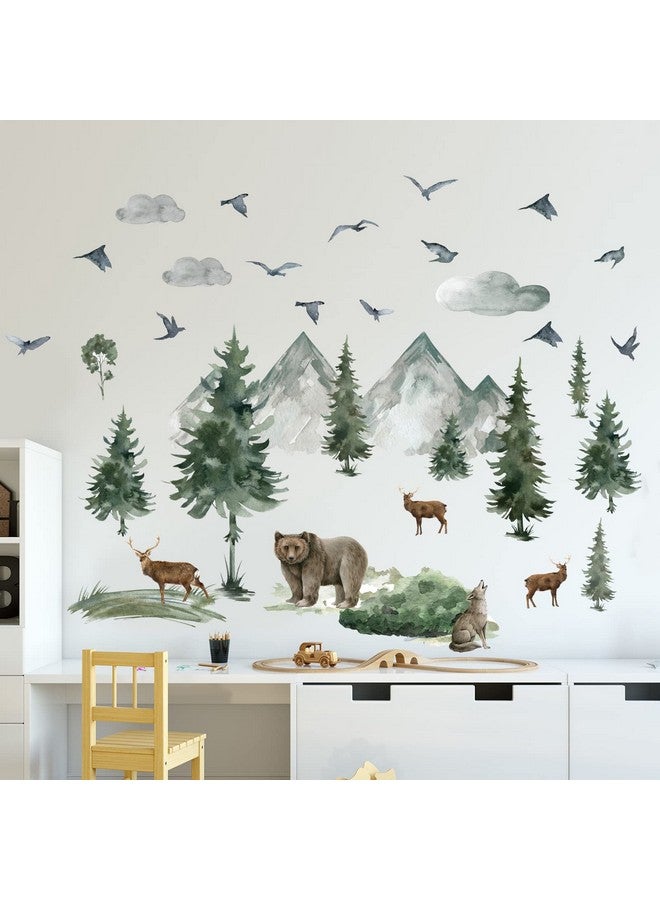 Prabahdak Woodland Nursery Wall Stickers Watercolor Mountain Tree Wall Decal Jungle Trees Animals Home Decals Sticker DIY Cartoon Deer Bear Wolf Forest Animal Home Sticker for Kids Room Bedroom Nursery Decor - Image 4