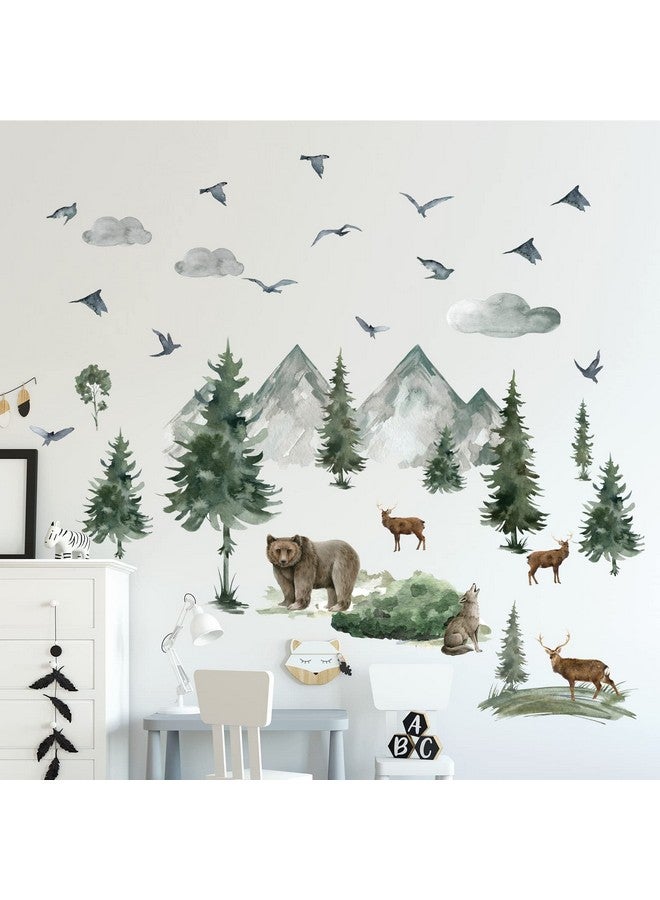 Prabahdak Woodland Nursery Wall Stickers Watercolor Mountain Tree Wall Decal Jungle Trees Animals Home Decals Sticker DIY Cartoon Deer Bear Wolf Forest Animal Home Sticker for Kids Room Bedroom Nursery Decor - Image 2