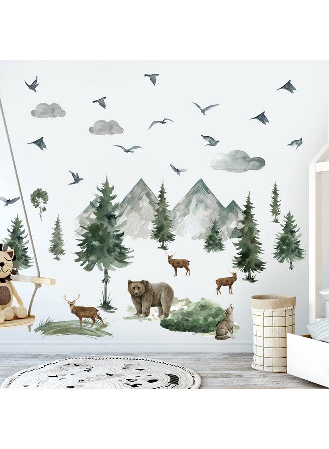 Prabahdak Woodland Nursery Wall Stickers Watercolor Mountain Tree Wall Decal Jungle Trees Animals Home Decals Sticker DIY Cartoon Deer Bear Wolf Forest Animal Home Sticker for Kids Room Bedroom Nursery Decor - Image 1