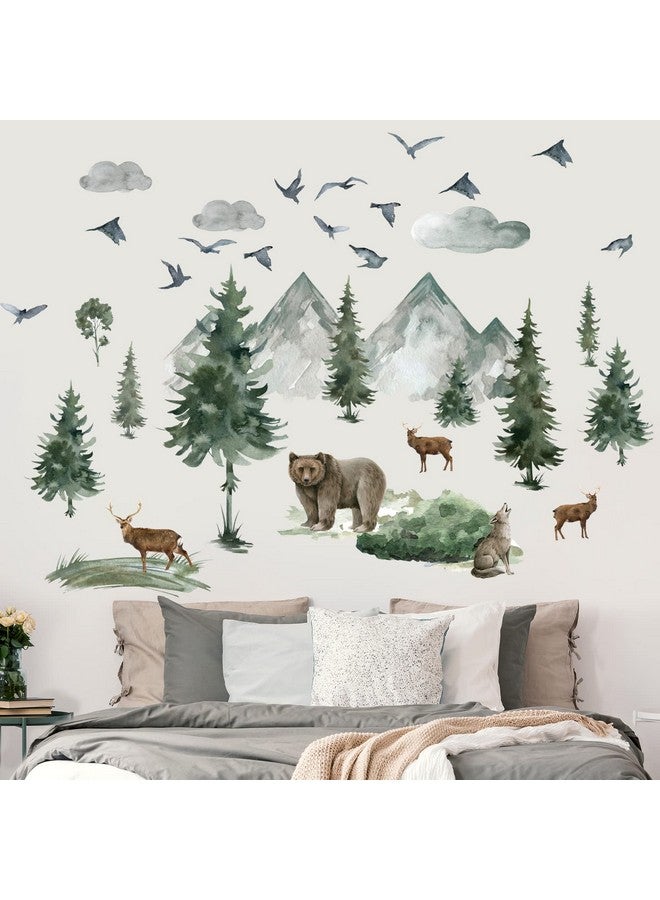 Prabahdak Woodland Nursery Wall Stickers Watercolor Mountain Tree Wall Decal Jungle Trees Animals Home Decals Sticker DIY Cartoon Deer Bear Wolf Forest Animal Home Sticker for Kids Room Bedroom Nursery Decor - Image 5