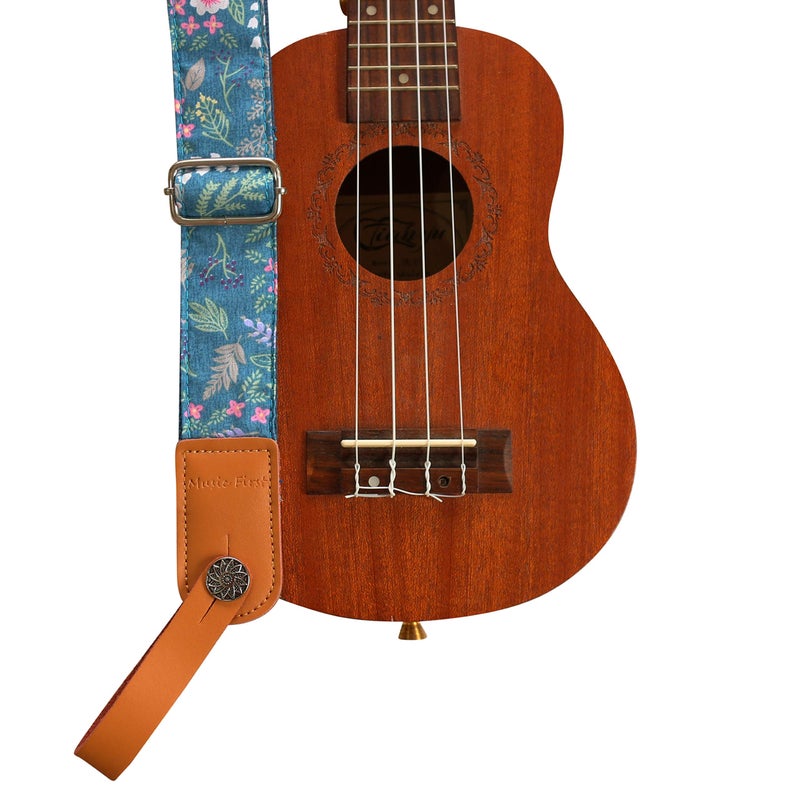 MUSIC FIRST Original Design Vintage â€œDawn Fog Gardenâ€ Soft Muslin & Genuine Leather Ukulele Strap Ukulele Shoulder Strap With a Genuine Leather Strap Locker - Image 5