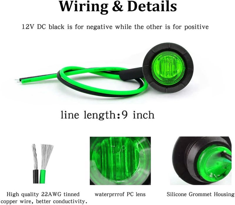 FXC 10x 3/4" Round LED Clearence Light Front Rear Side Marker Indicators Light for Truck Car Bus Trailer Van Caravan Boat, Taillight Brake Stop Lamp (Green, 12V) - Image 4