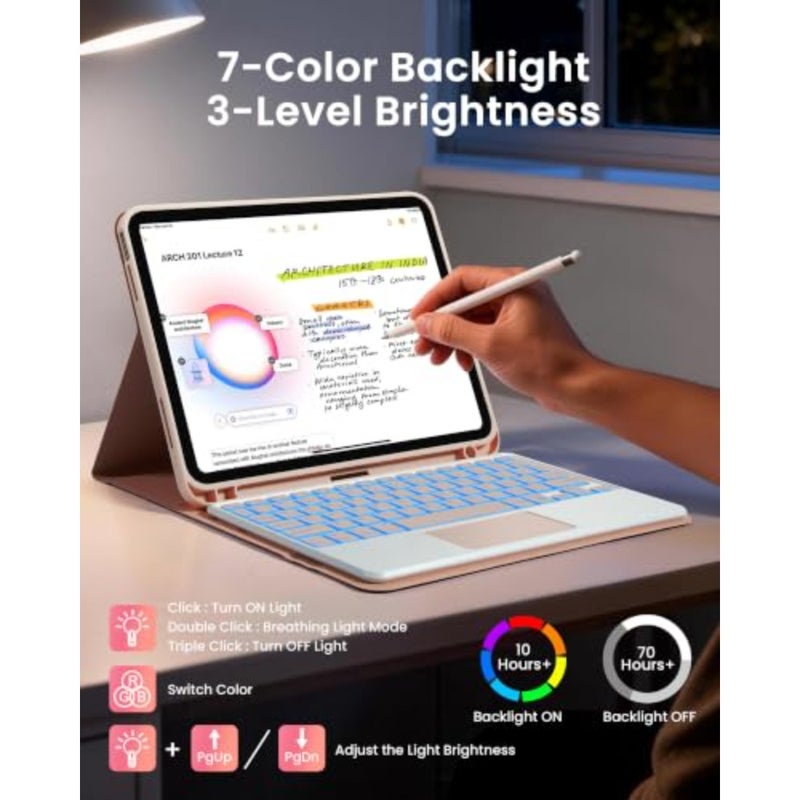 7 Colors Backlight Touchpad Keyboard Case for iPad A16 11th 2025/10th Gen 2022 Case with Keyboard, Folio Cover with Pencil Holder, Smart Trackpad, Detachable Keyboard for iPad 11th 10th Gen, PK - Image 3