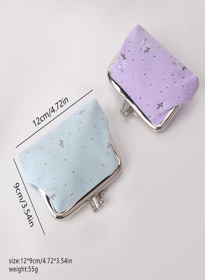 Oyachic 2 PCS Coin Purse Canvas Change Pouch Spring Floral Wallet Kiss Lock Clutch Handbags for Women,Ladies Summer Park Party (blue) - Image 2