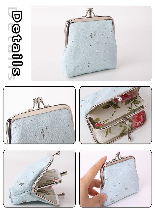 Oyachic 2 PCS Coin Purse Canvas Change Pouch Spring Floral Wallet Kiss Lock Clutch Handbags for Women,Ladies Summer Park Party (blue) - Image 3