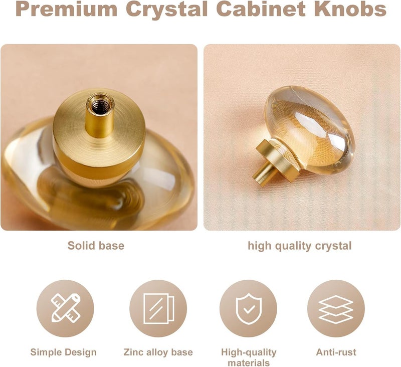 CLCTK 16 Pack Gold Champagne Crystal Cabinet Knobs, Oval Glass Knobs for Dresser Drawers, Brass Furniture Hardware Pulls - Image 5