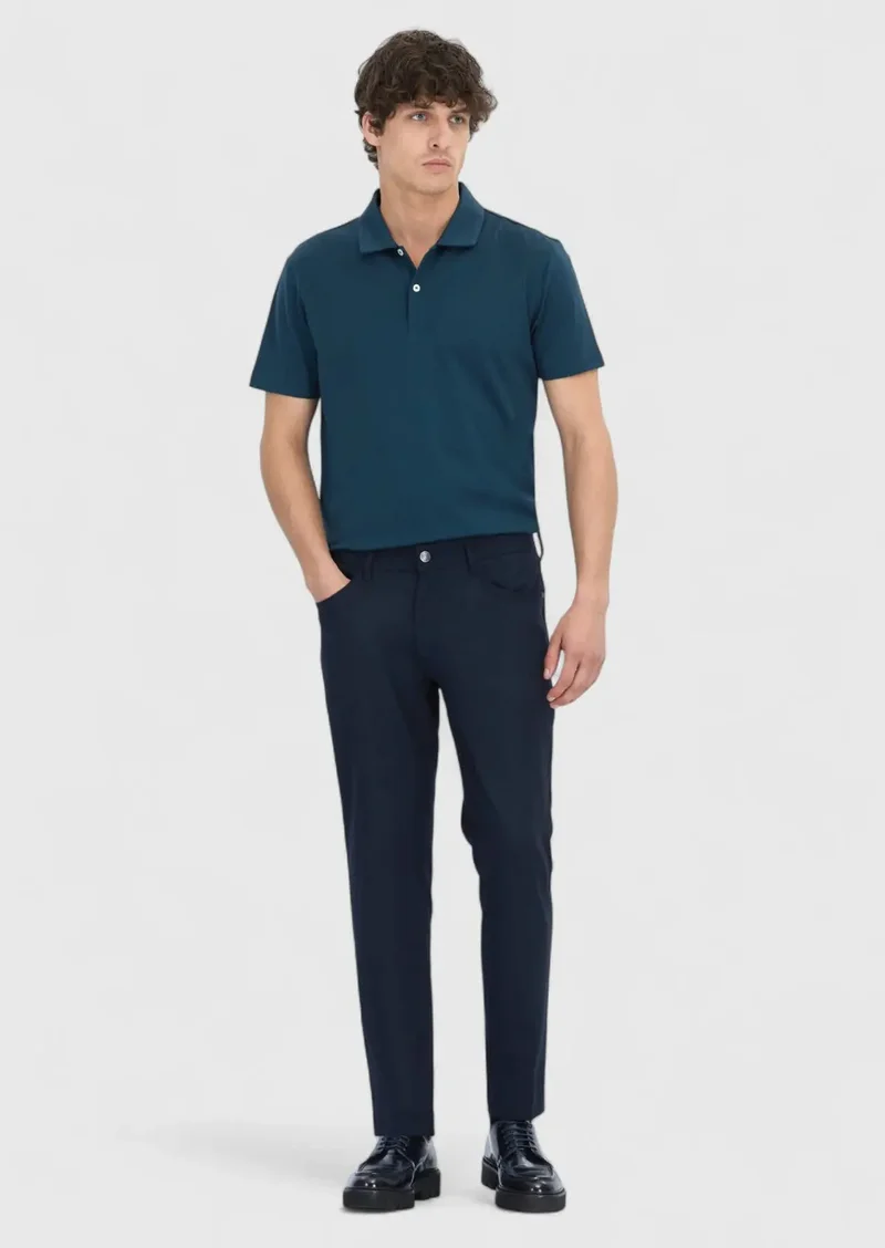 RAMSEY Navy Blue Weaving Slim Fit Casual Trousers